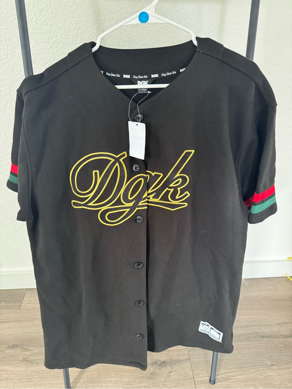 DGK Black Button-Up Shirt with Yellow Script and Red/Green Sleeve Stripes